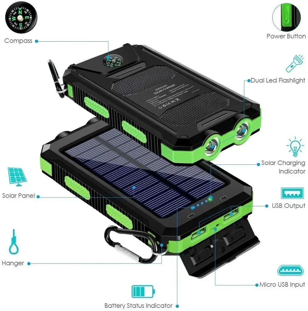 Portable Charger 200000mAh Solar Power Bank Waterproof External Battery with Fast Charging and LED Light 16 kf