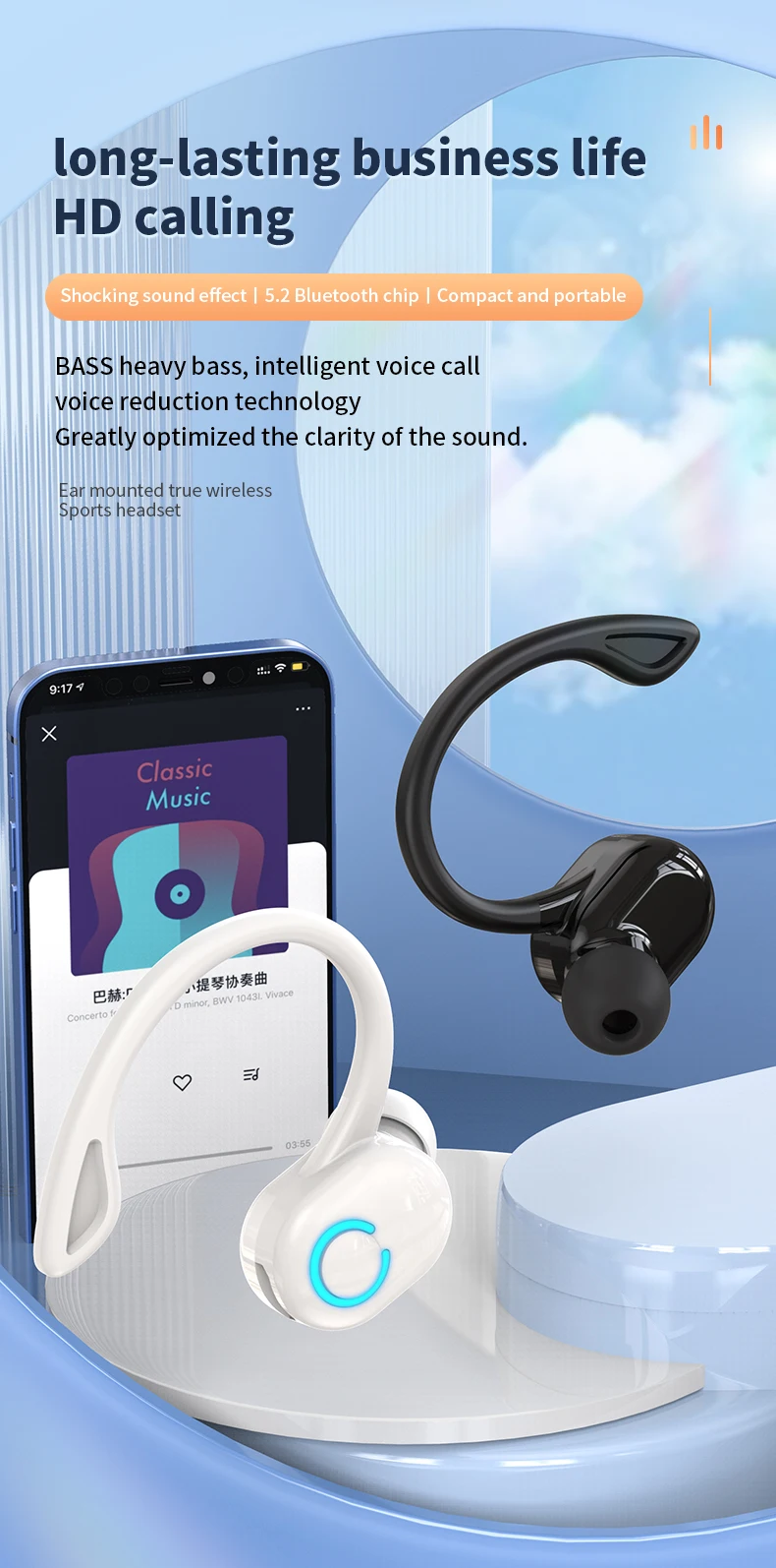 Bluetooth Earbuds Ear-Hook Single Wireless Headphone with HD Mic for Sports and Music 14 kf S7e8a6b141483477ebf3596e0c33273da2